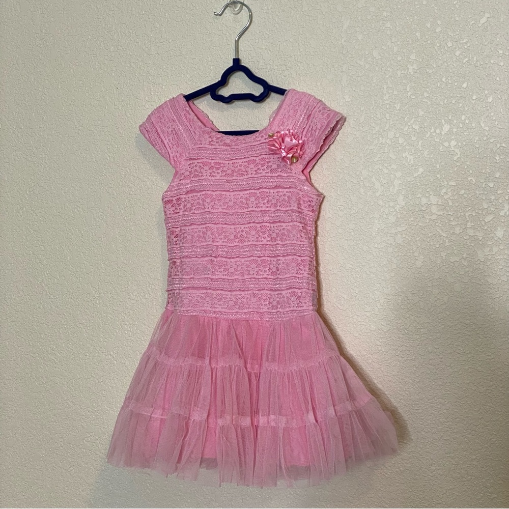 Jona Michelle Pink Dress. Knit Lace Top With Layered Pink Tulle Size 2T